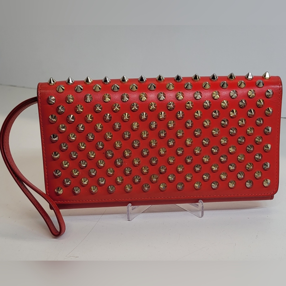 SOLD!!!Christian Louboutin Red Leather Macaron Spiked Clutch / Wallet - Picture 2 of 11